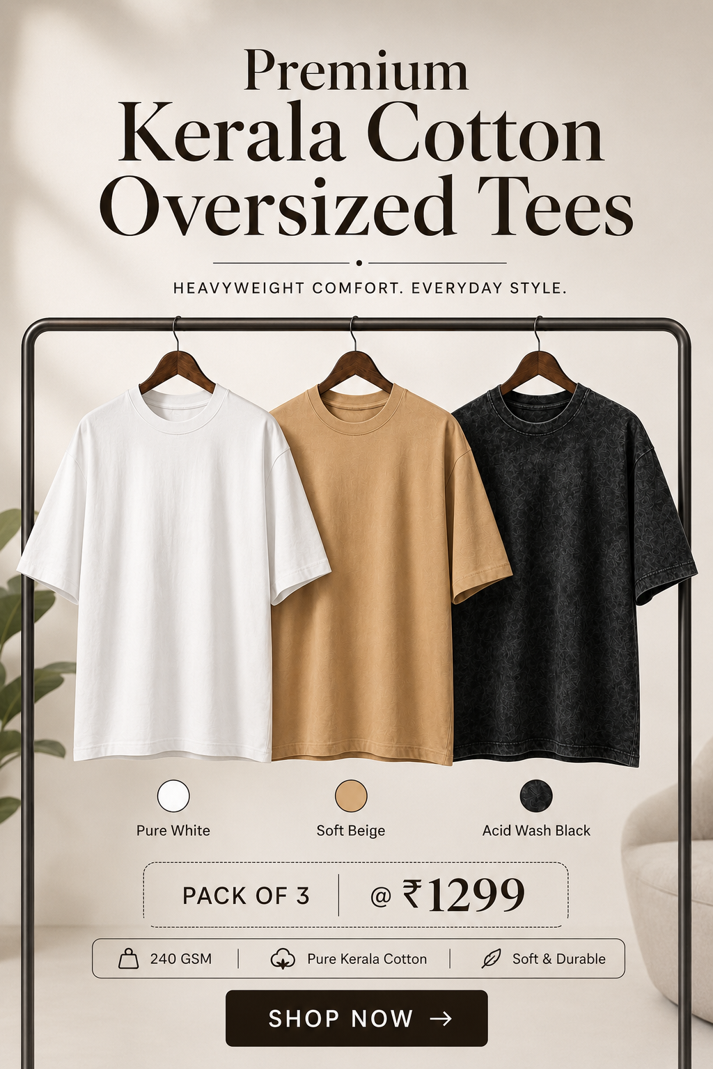 Kerala Cotton Oversized T-shirt (Pack of 3)