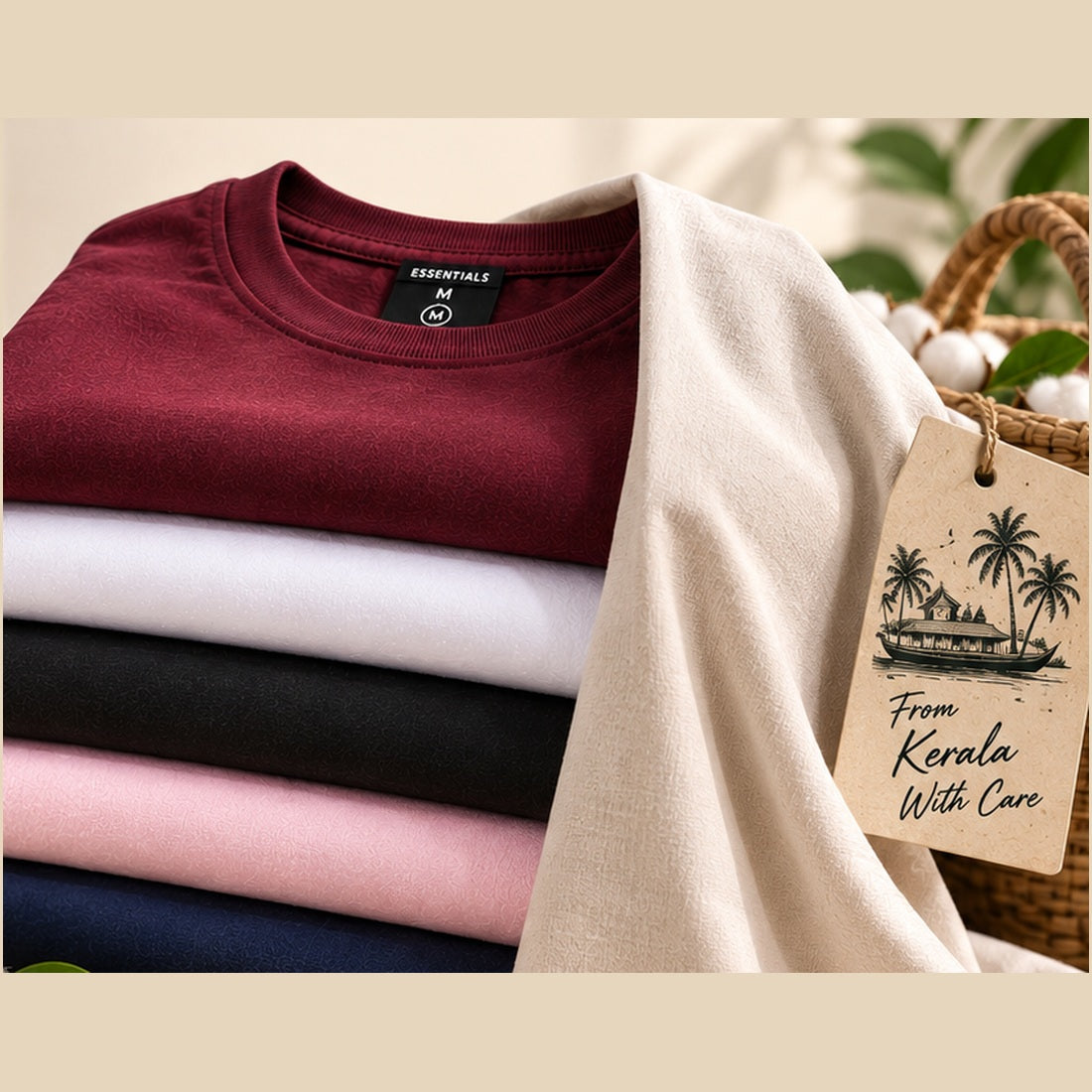 Pack of 5 Nasheyy t-shirts folded in a stack - maroon, white, black, pink and navy Kerala cotton