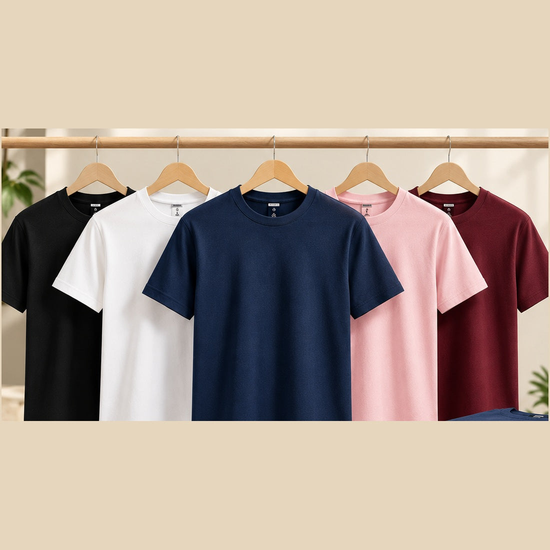 All five Nasheyy t-shirts on hangers - black, white, navy blue, pink and maroon, 200 GSM Kerala cotton regular fit
