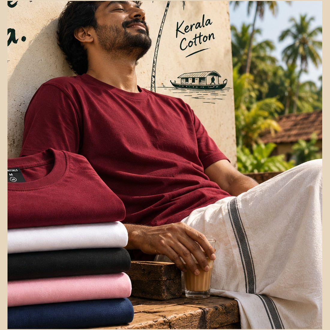 Model wearing the maroon 200 GSM Kerala cotton regular fit t-shirt