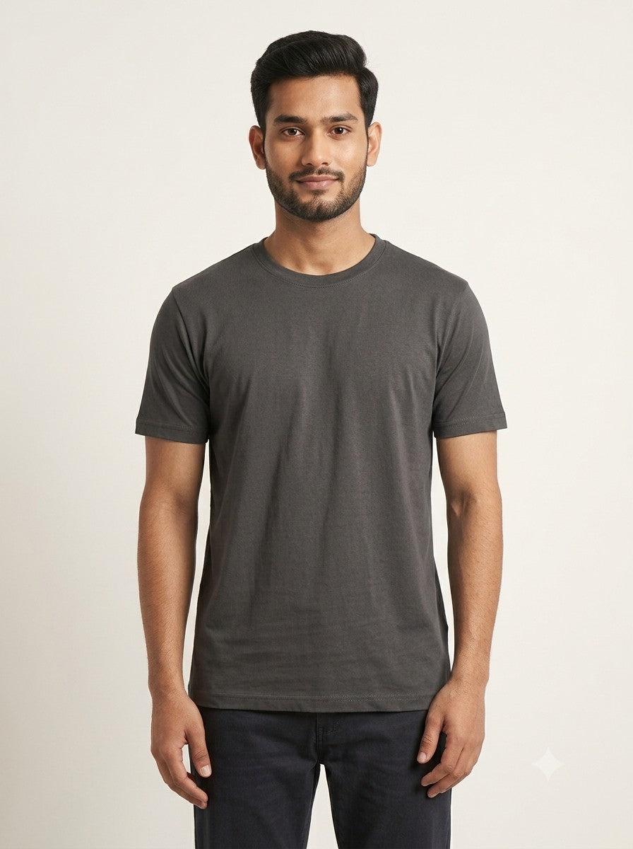 Charcoal Grey round neck regular fit t-shirt 180 GSM cotton - Nasheyy