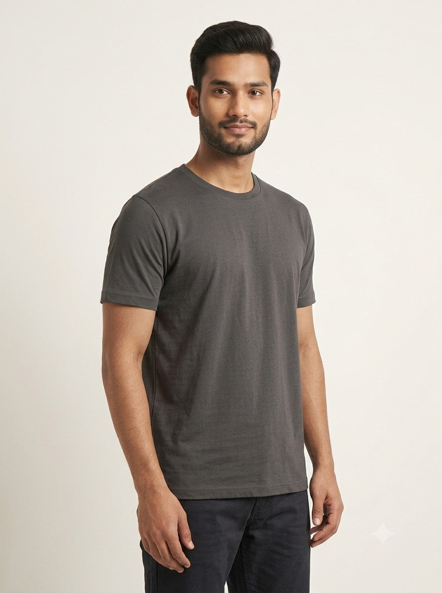 Charcoal Grey round neck t-shirt side view - Nasheyy