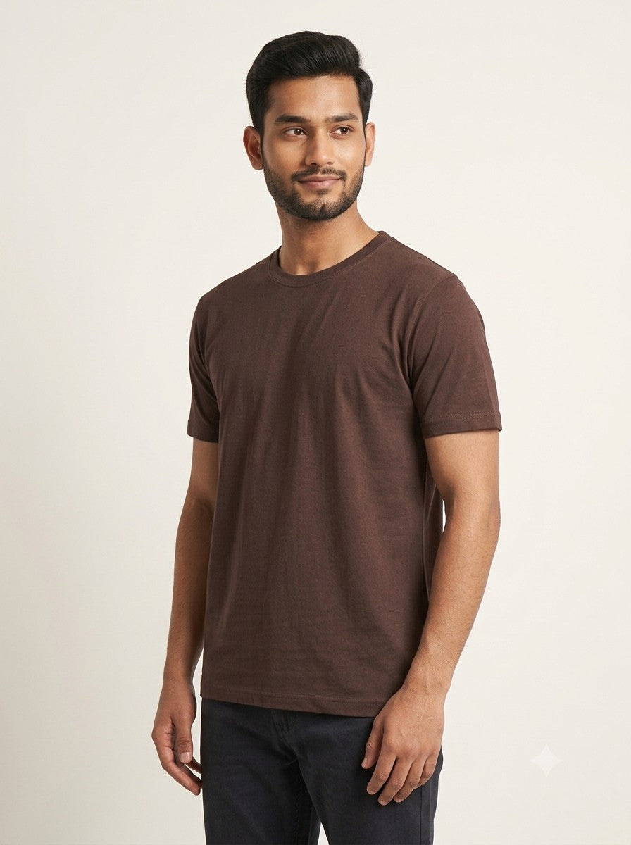 Coffee Brown round neck t-shirt side view - Nasheyy