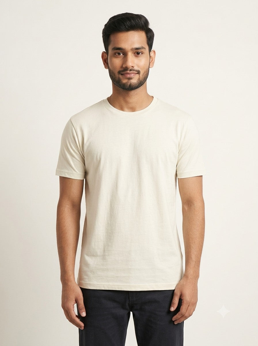 Cream round neck regular fit t-shirt 180 GSM cotton - Nasheyy