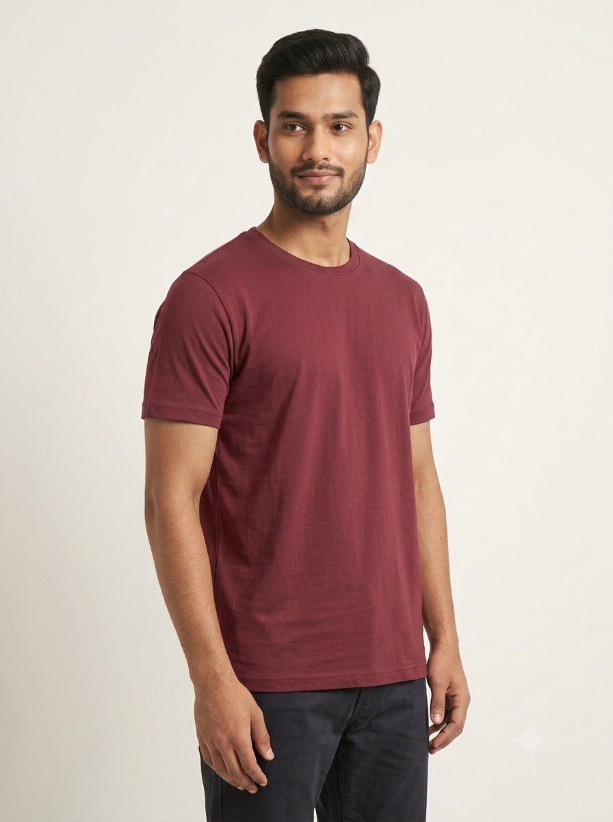 Maroon round neck t-shirt side view - Nasheyy