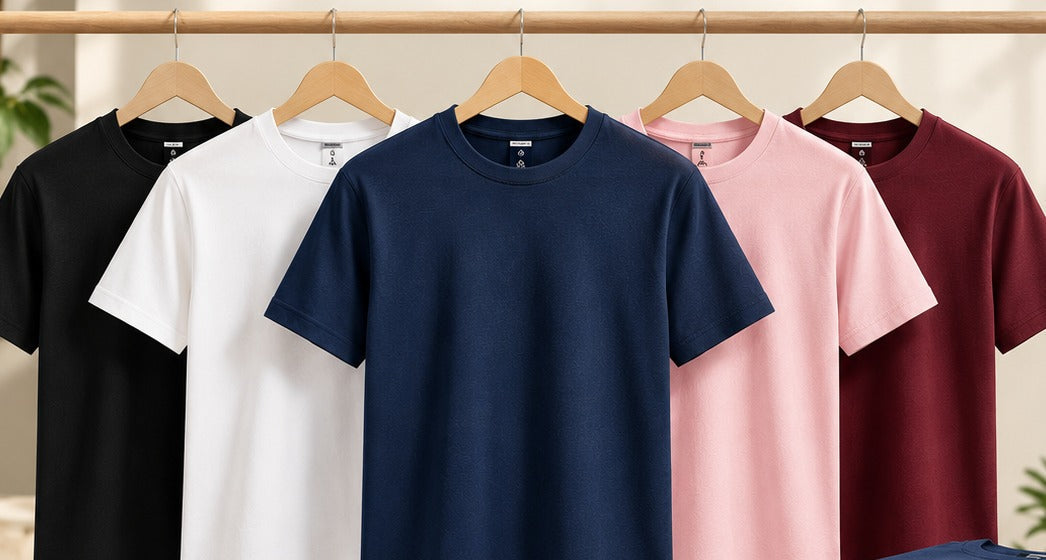 All five Nasheyy t-shirts on hangers - black, white, navy blue, pink and maroon