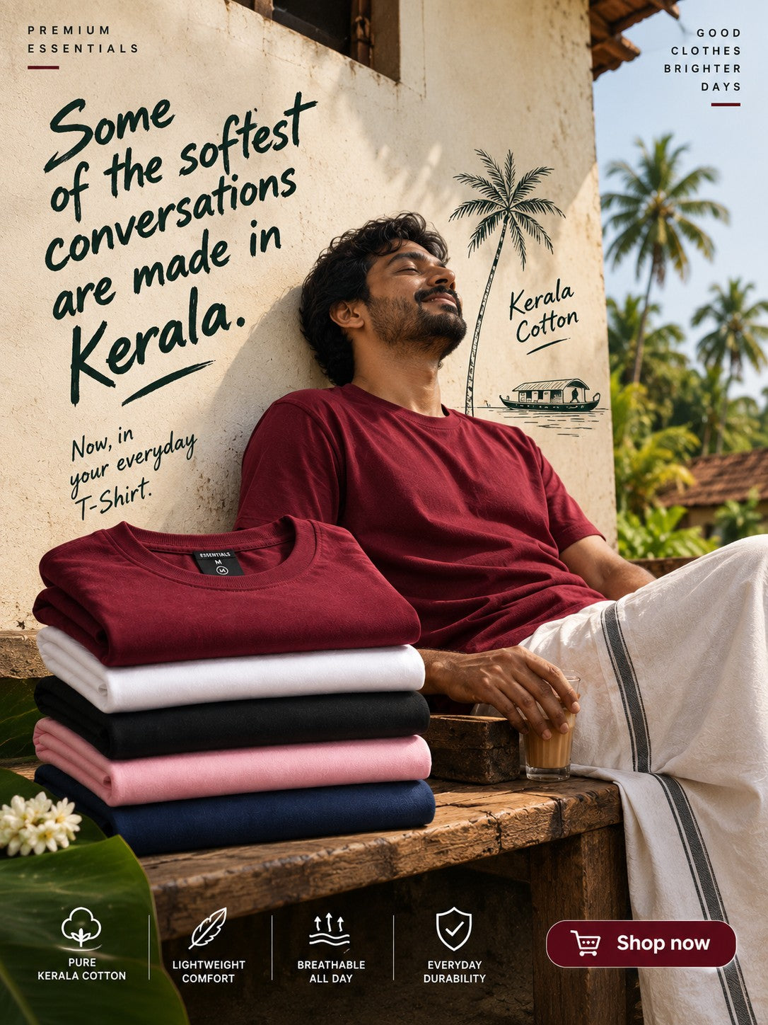 Model wearing the maroon Kerala cotton t-shirt